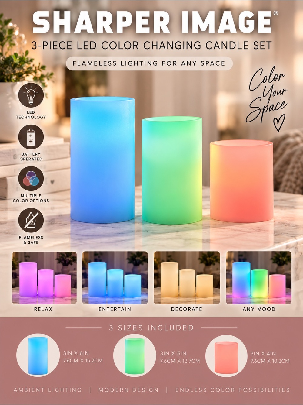 Sharper Image Multicolor LED Flameless Pillar Candles - Blue, Green, Pink